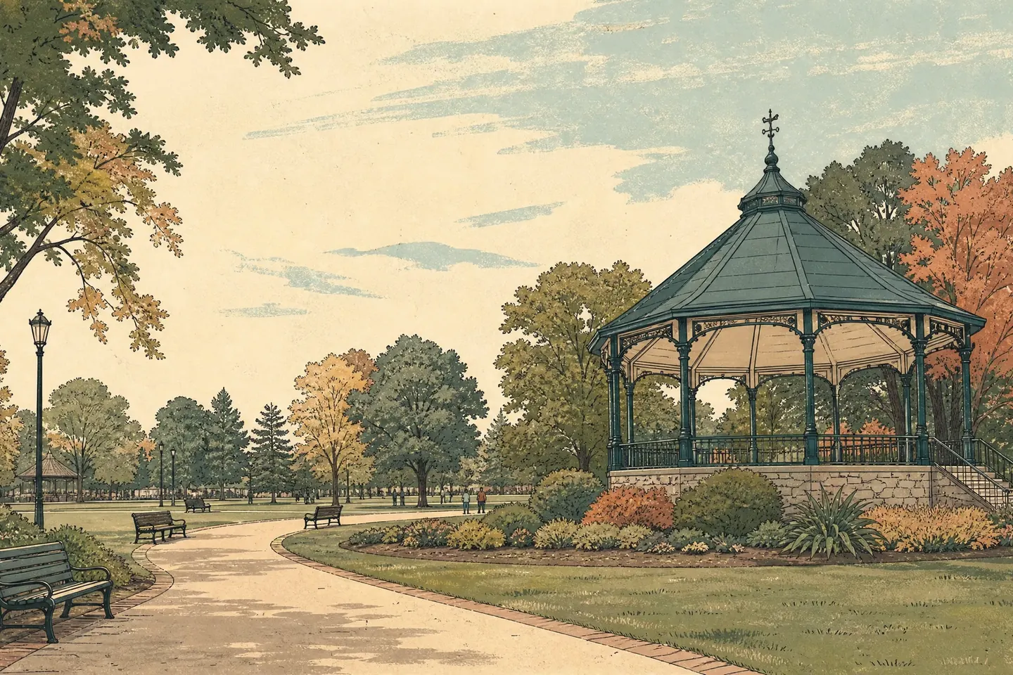 Hand-drawn illustration of Montebello Park and downtown St. Catharines.