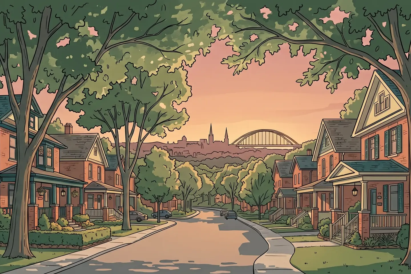 Hand-drawn illustration of a St. Catharines residential street with the Niagara Escarpment behind it.
