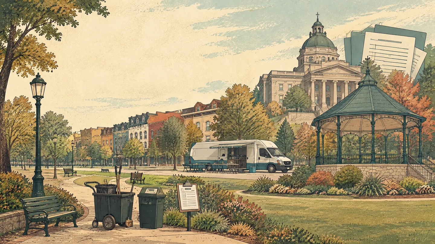 Hand-drawn civic scene connecting City Hall, a public park, cleanup equipment, and an outreach van to illustrate different government responsibilities.