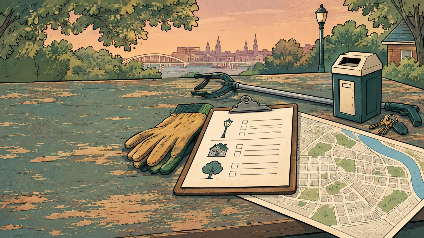 Hand-drawn public-space work table with cleanup tools, a sharps receptacle, keys, and a neighbourhood map.