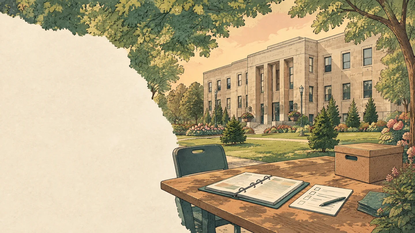 Hand-drawn illustration of St. Catharines City Hall behind a municipal worktable with an open binder, checklist, archival box, and empty meeting chairs.