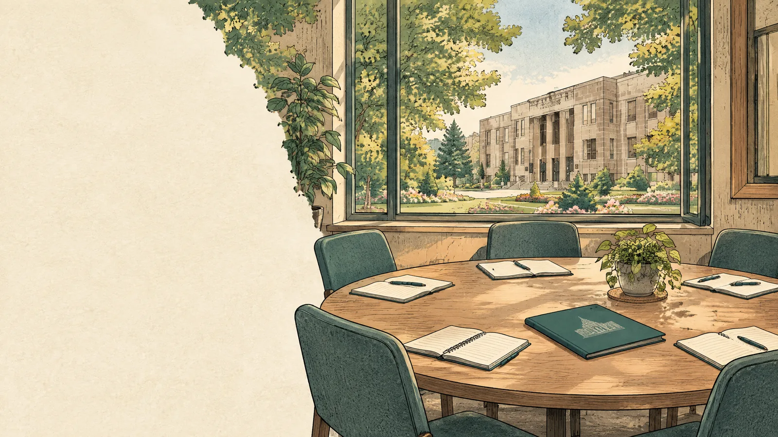 Hand-drawn illustration of an equal round meeting table with open notebooks and St. Catharines City Hall visible through the window.
