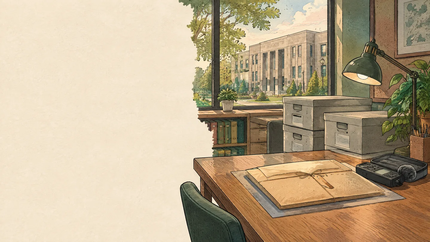 Hand-drawn illustration of a quiet archive workspace with protected record envelopes, archival boxes, recording equipment, and St. Catharines City Hall outside the window.