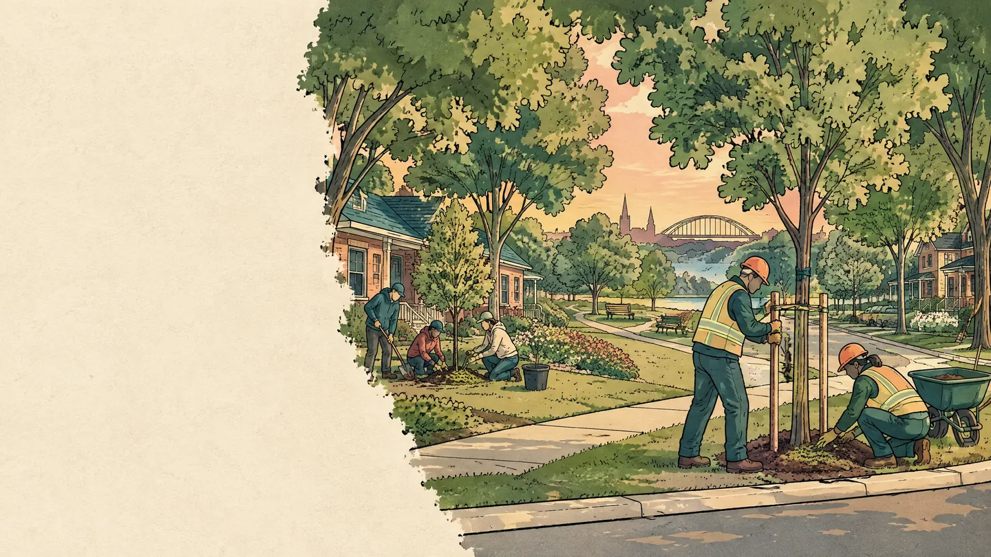 Hand-drawn St. Catharines neighbourhood scene with City forestry workers and residents planting boulevard and front-yard trees together.