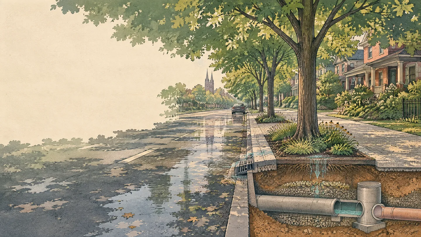 Hand-drawn cutaway of a tree-lined St. Catharines street showing rain moving through planted soil toward underground stormwater pipes.
